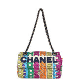 Pre-owned Chanel Medium Flap Bag Rainbow Logo Nylon Light Gold Hardware