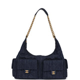 Chanel Maxi Cargo Hobo Bag Dark Blue Washed Denim Brushed Gold Hardware