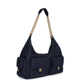 Chanel Maxi Cargo Hobo Bag Dark Blue Washed Denim Brushed Gold Hardware