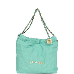 Chanel Small 22 Bag Light Green Washed Denim Gold Hardware