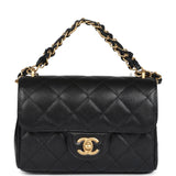 Chanel Mini Top Handle Flap Bag Black Grained Calfskin Brushed Gold Hardware