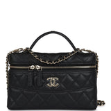 Chanel CC Top Handle Long Vanity Case With Chain Black Caviar Light Gold Hardware