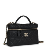 Chanel CC Top Handle Long Vanity Case With Chain Black Caviar Light Gold Hardware