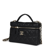 Chanel CC Top Handle Long Vanity Case With Chain Black Caviar Light Gold Hardware