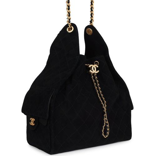 Chanel Large 25 Hobo Bag Black Suede Antique Gold Hardware