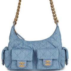Chanel Large Cargo Hobo Bag Light Blue Washed Denim Brushed Gold Hardware