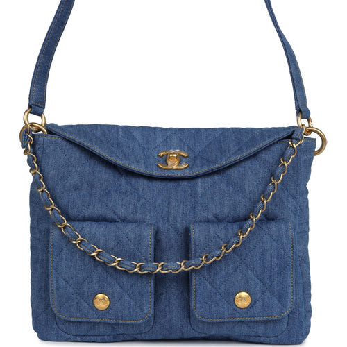 Chanel Large Supple Twins Hobo Bag Blue Denim Brushed Gold Hardware