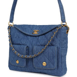 Chanel Large Supple Twins Hobo Bag Blue Denim Brushed Gold Hardware