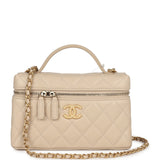 Chanel CC Top Handle Long Vanity Case With Chain Light Beige Shiny Caviar Brushed Gold Hardware