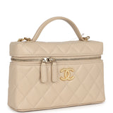 Chanel CC Top Handle Long Vanity Case With Chain Light Beige Shiny Caviar Brushed Gold Hardware