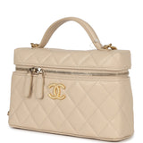 Chanel CC Top Handle Long Vanity Case With Chain Light Beige Shiny Caviar Brushed Gold Hardware