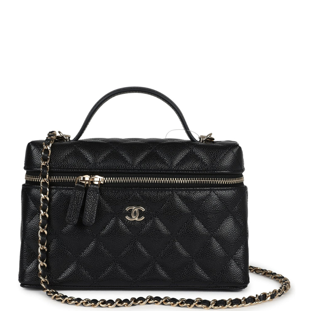 Chanel CC Top Handle Long Vanity Case With Chain Black Shiny Caviar Light Gold Hardware Black New Caviar