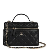 Chanel CC Top Handle Long Vanity Case With Chain Black Shiny Caviar Light Gold Hardware