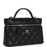 Chanel CC Top Handle Long Vanity Case With Chain Black Shiny Caviar Light Gold Hardware