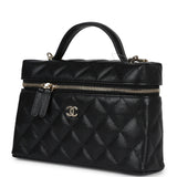 Chanel CC Top Handle Long Vanity Case With Chain Black Shiny Caviar Light Gold Hardware