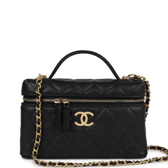 Chanel Top Handle Long Vanity Case With Chain Black Shiny Caviar Brushed Gold Hardware