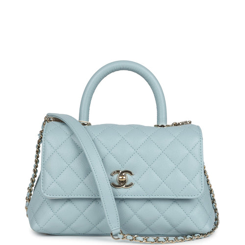 Pre-owned Chanel Small Coco Top Handle Flap Bag Light Blue Caviar Light Gold Hardware