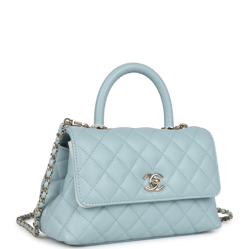 Pre-owned Chanel Small Coco Top Handle Flap Bag Light Blue Caviar Light Gold Hardware