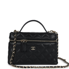 Chanel CC Top Handle Long Vanity Case With Chain Black Shiny Caviar Light Gold Hardware
