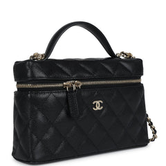 Chanel CC Top Handle Long Vanity Case With Chain Black Shiny Caviar Light Gold Hardware