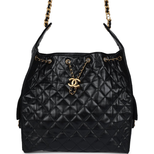 CHANEL 25S HOBO BAG 22 CM IN BLACK LAMBSKIN WITH GOLD HARDWARE