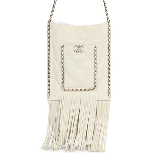 Chanel Small CC Fringe Shopping Bag White Calfskin Light Gold Hardware