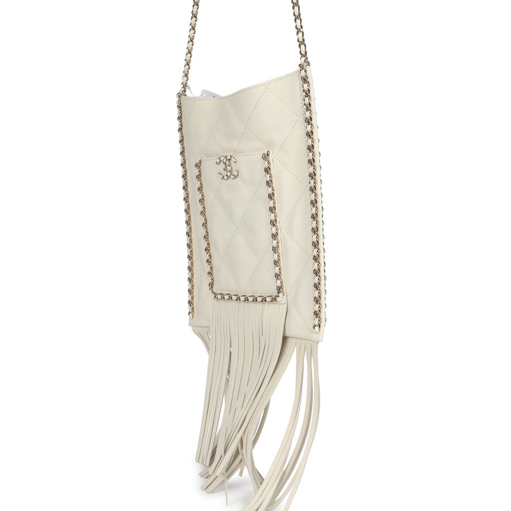 Chanel Small CC Fringe Shopping Bag White Calfskin Light Gold Hardware White New Calfskin