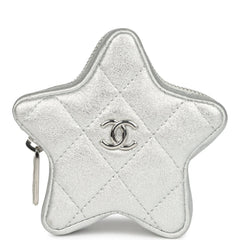 Chanel Walk Of Fame Star Clip-On Coin Purse Metallic Silver Goatskin Silver Hardware