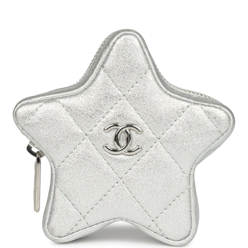 Chanel Walk Of Fame Star Clip-On Coin Purse Metallic Silver Goatskin Silver Hardware