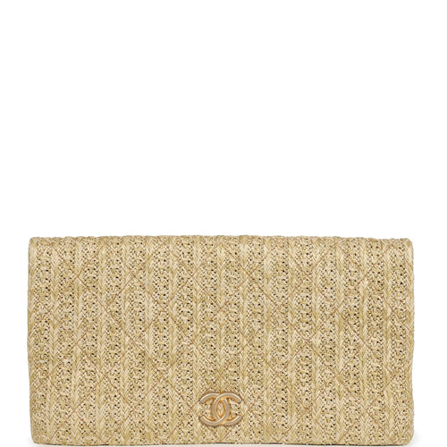 Chanel CC Woven Clutch Gold Natural Raffia Antique Gold Hardware