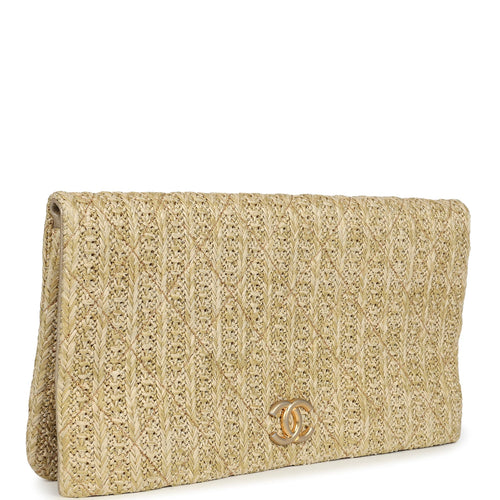 Chanel CC Woven Clutch Gold Natural Raffia Antique Gold Hardware