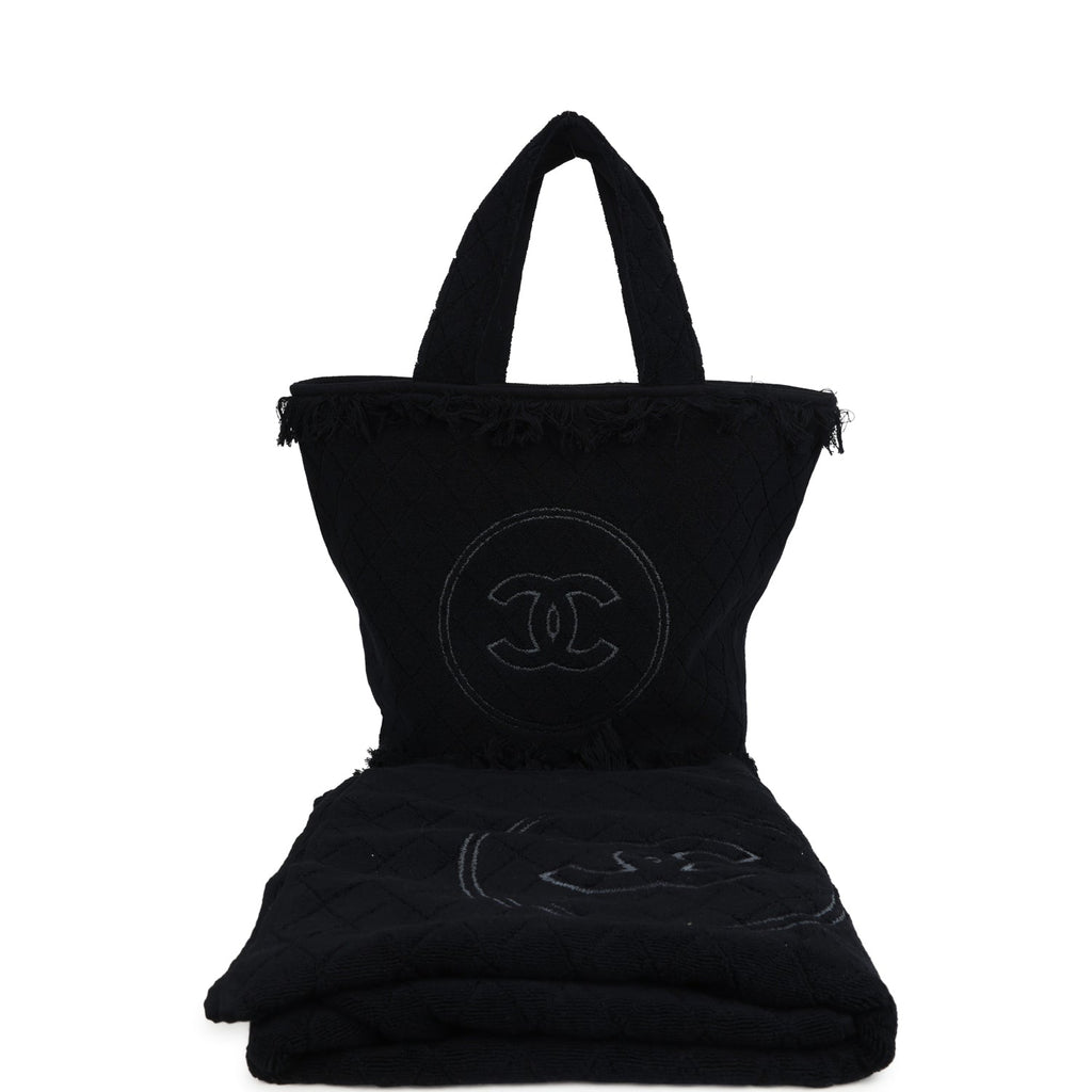 Chanel Coco Beach Tote Black Terry Cloth with Towel Black New Terry Cloth