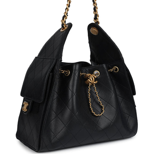 Chanel Small 25 Hobo Bag Black Caviar Antique Gold Hardware