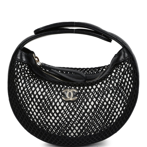 Chanel Mini Round Hobo Pouch Bag Black Mesh Light Gold Hardware