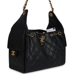 Chanel Small 25 Hobo Bag Black Caviar Antique Gold Hardware
