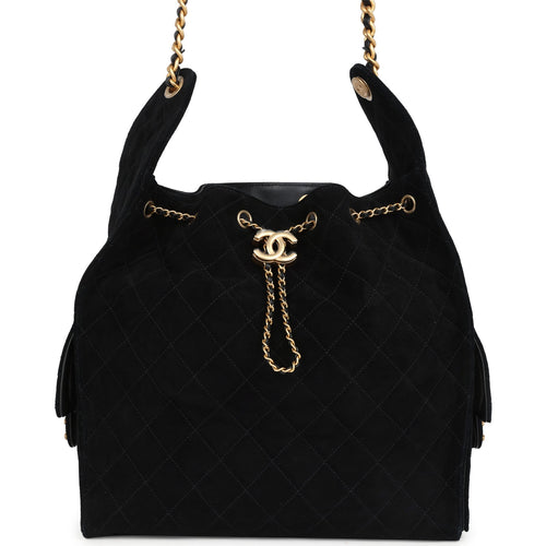 Chanel Large 25 Hobo Bag Black Suede Antique Gold Hardware