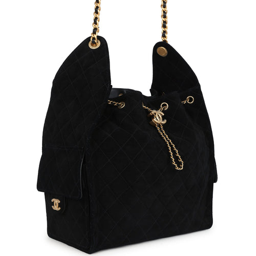 Chanel Large 25 Hobo Bag Black Suede Antique Gold Hardware