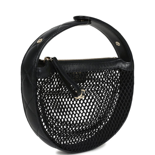 Chanel Mini Round Hobo Pouch Bag Black Mesh Light Gold Hardware