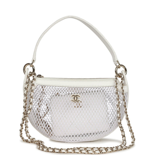 Chanel Round Clutch with Chain White Mesh Light Gold Hardware