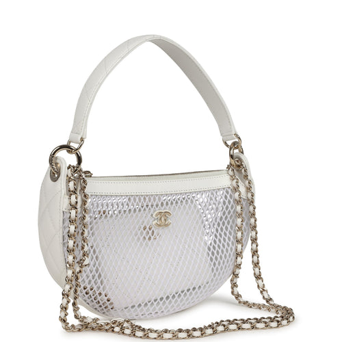 Chanel Round Clutch with Chain White Mesh Light Gold Hardware