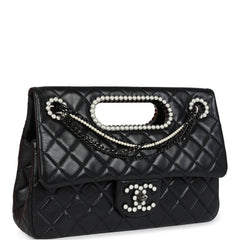 Chanel Large Double Flap Bag with Pearl Cut Out Handle Black Shiny Lambskin Black Hardware