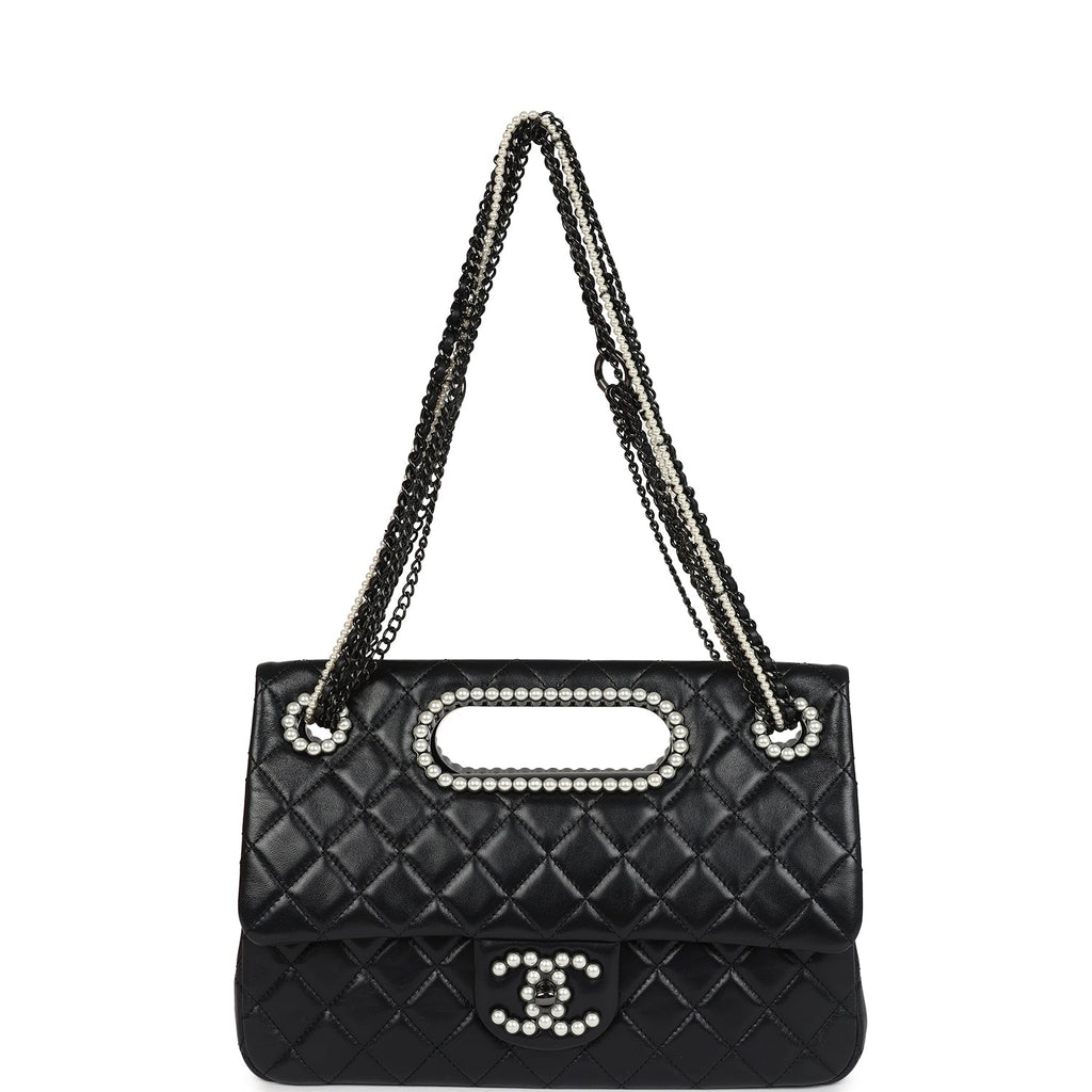 Chanel Large Double Flap Bag with Pearl Cut Out Handle Black Shiny Lam