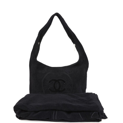 Chanel CC Beach Hobo Bag & Towel Set Black Terry Silver and Black Hardware