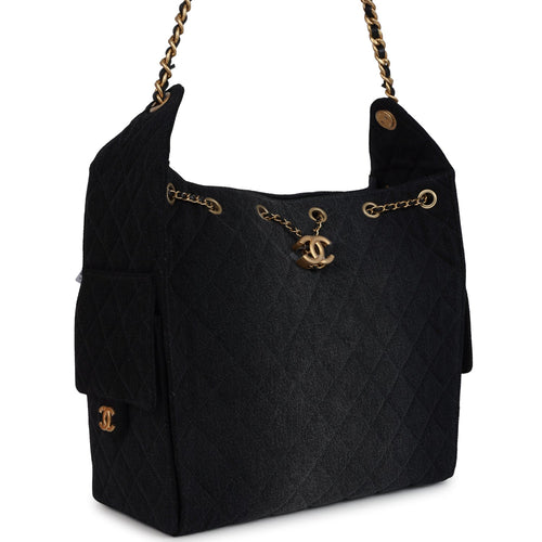 Chanel Medium 25 Hobo Bag Black Washed Denim Antique Gold Hardware