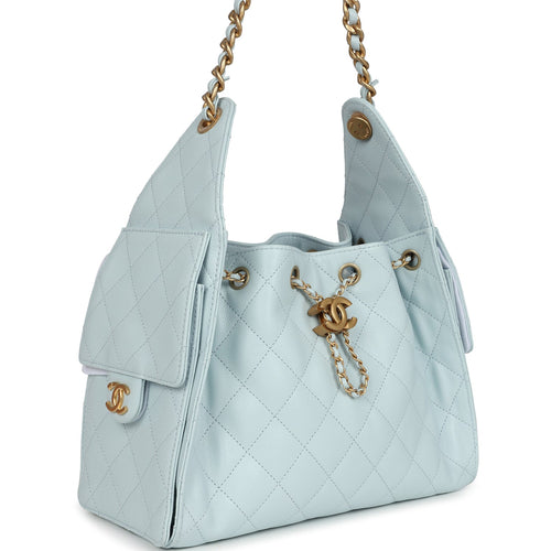 Pre-owned Chanel Small 25 Hobo Bag Light Blue Caviar Antique Gold Hardware