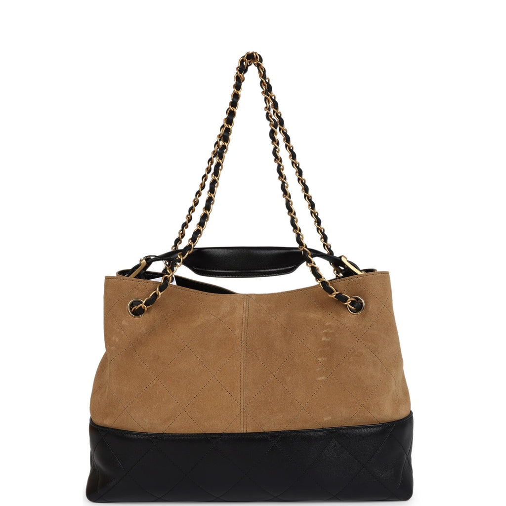 Chanel Small Coco Hobo Bag Brown Suede and Black Shiny Lambskin Brushe