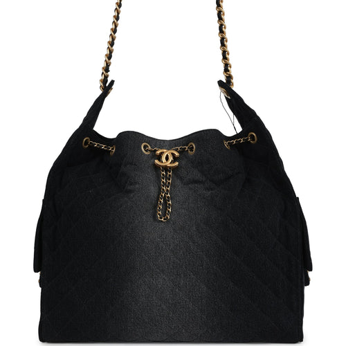Chanel Large 25 Hobo Bag Black Washed Denim Antique Gold Hardware