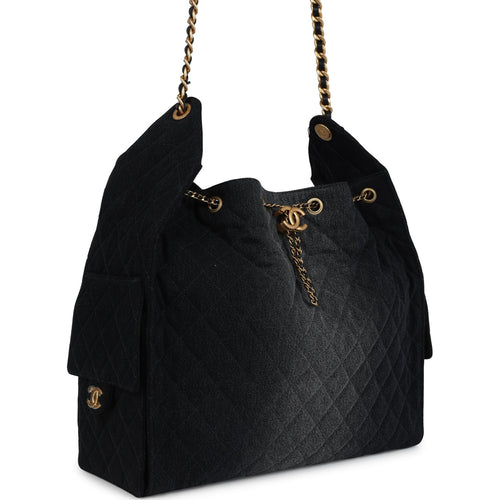 Chanel Large 25 Hobo Bag Black Washed Denim Antique Gold Hardware