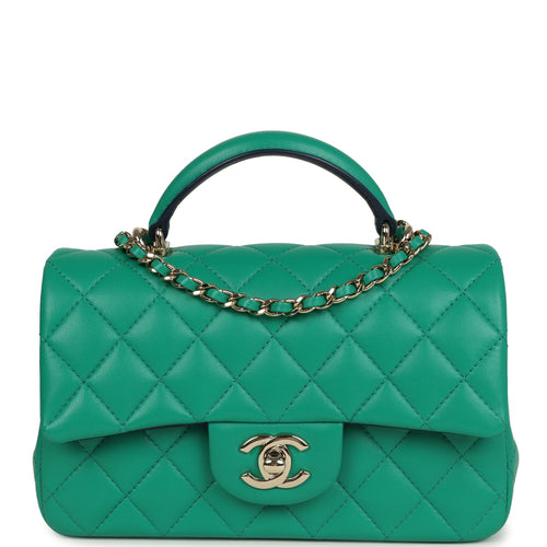 Pre-owned Chanel Classic Mini Rectangular Top Handle Flap Bag Green/Navy Blue Lambskin Light Gold Hardware