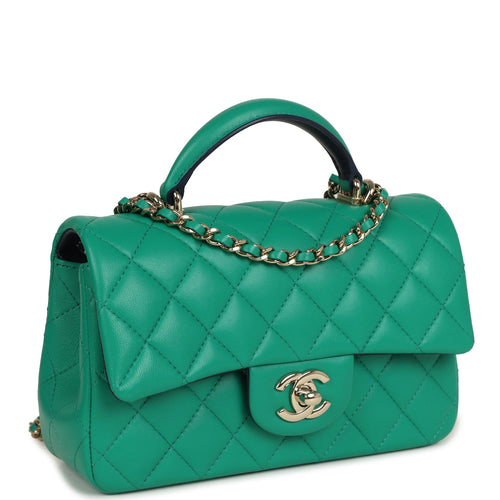 Pre-owned Chanel Classic Mini Rectangular Top Handle Flap Bag Green/Navy Blue Lambskin Light Gold Hardware